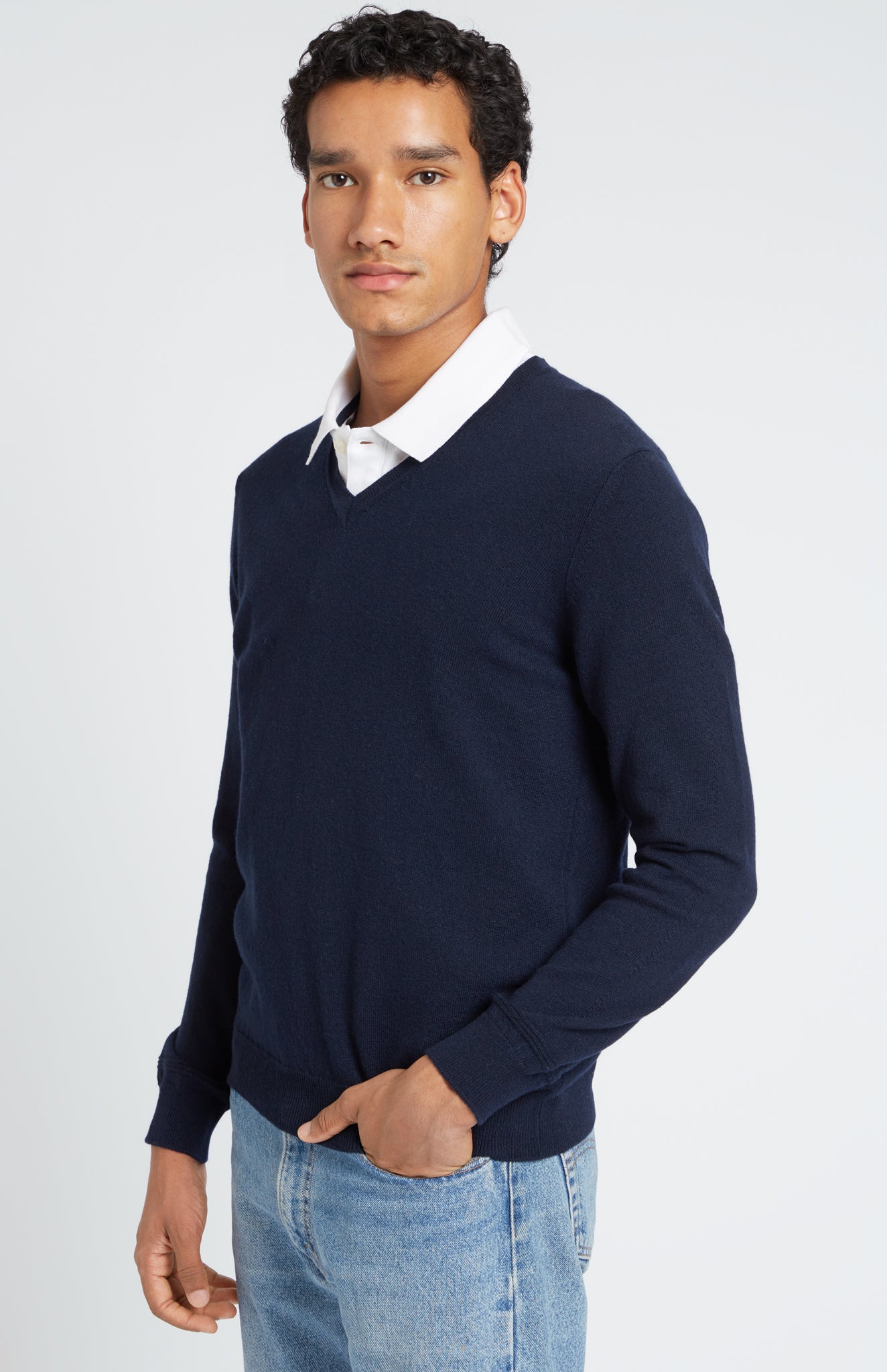 Men's Navy V Neck Cashmere Jumper close up view - Pringle of Scotland