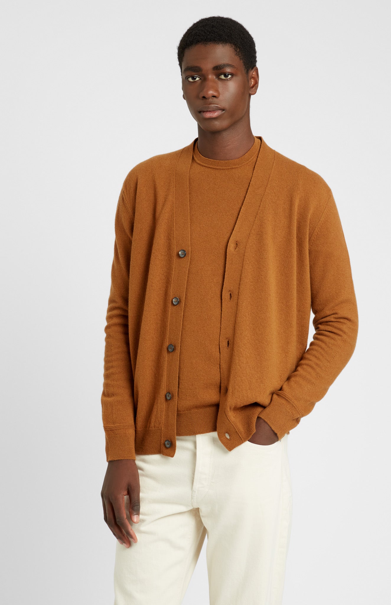 V Neck Cashmere Cardigan In Vicuna on model - Pringle of Scotland