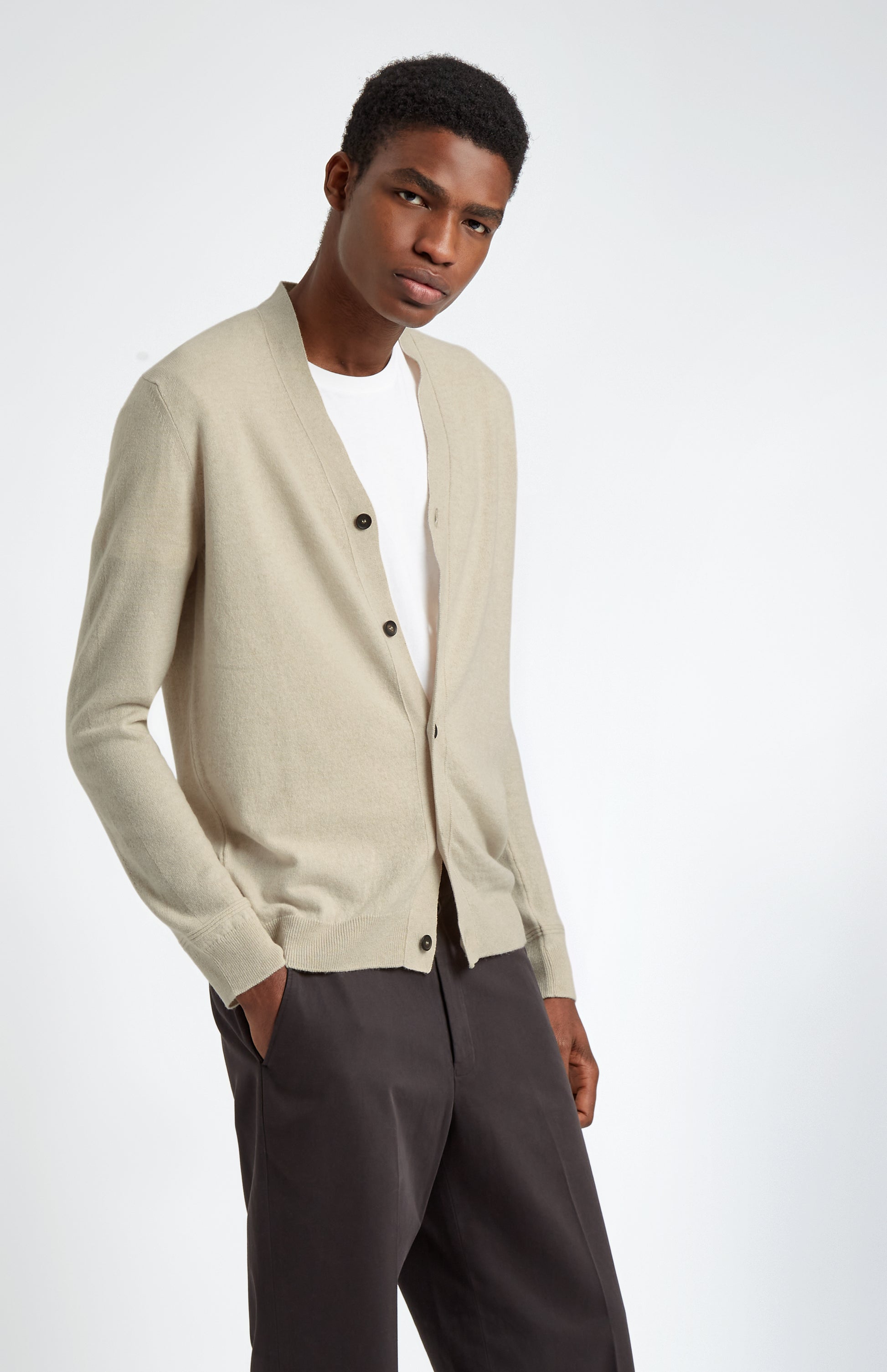 Pringle of Scotland Men's V Neck Cashmere Cardigan In Light Natural on male model