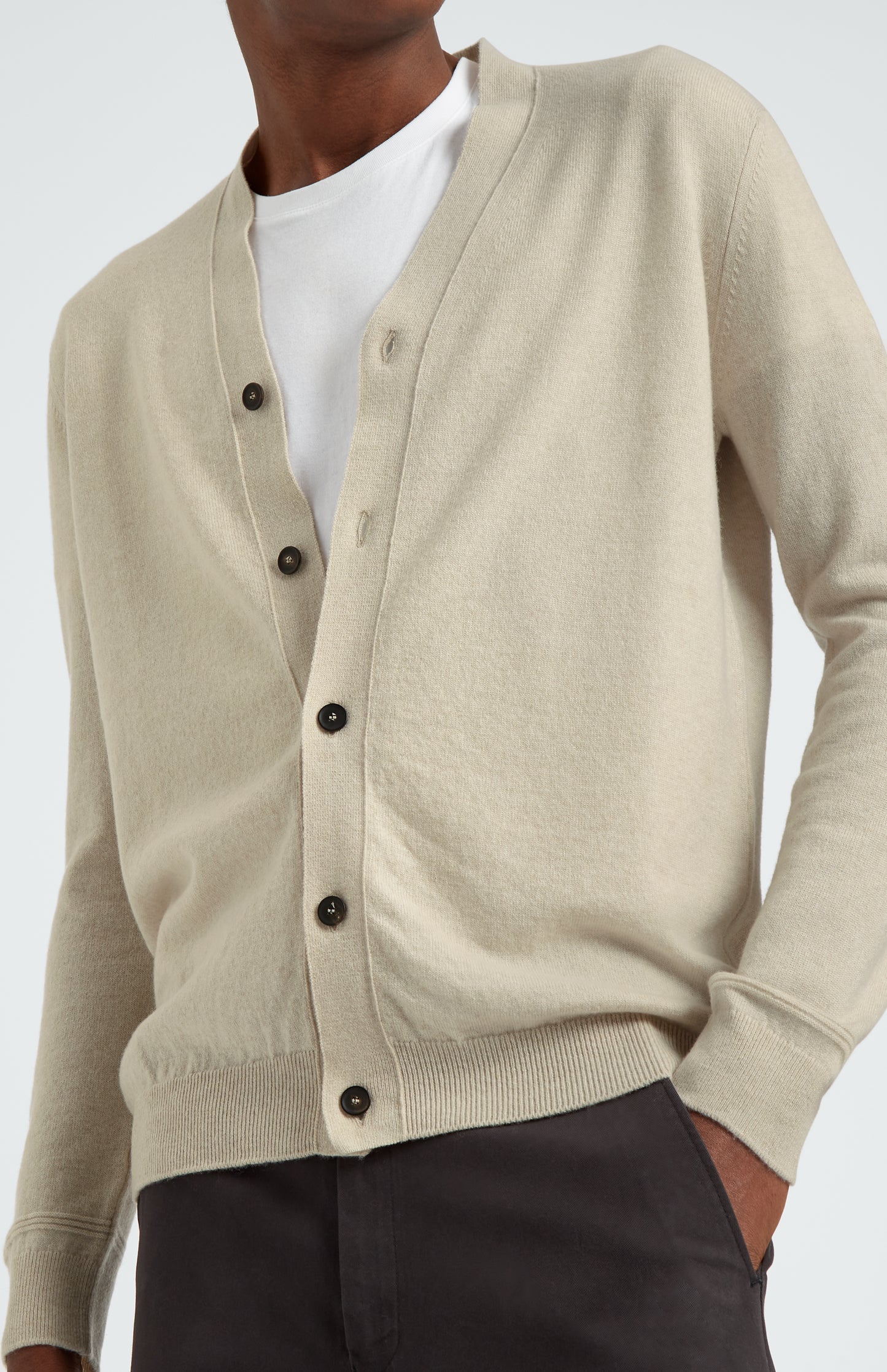 Pringle of Scotland Men's V Neck Cashmere Cardigan In Light Natural button detail