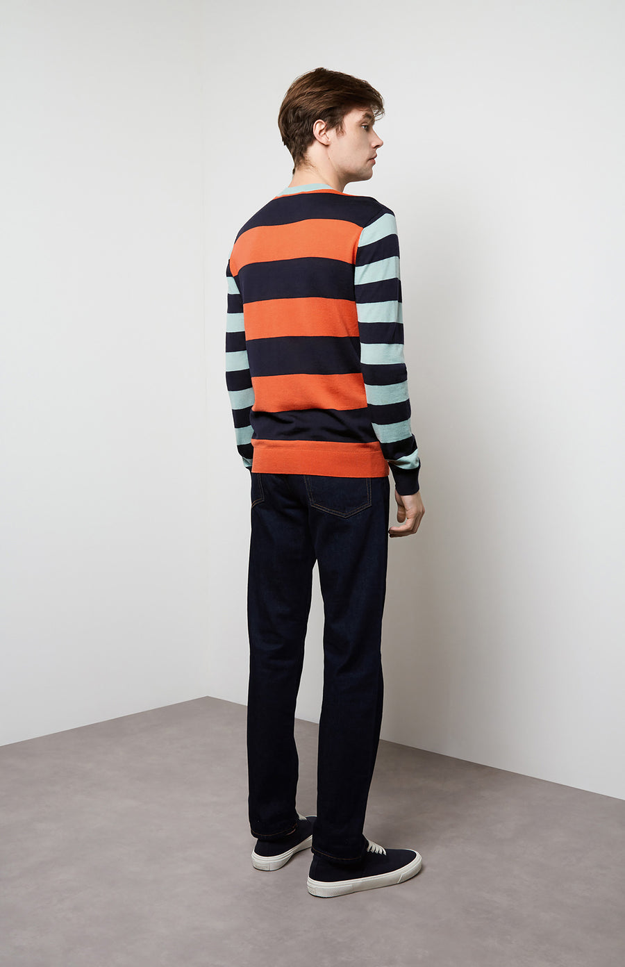 Rugby Stripe Merino Jumper In Orange/Navy