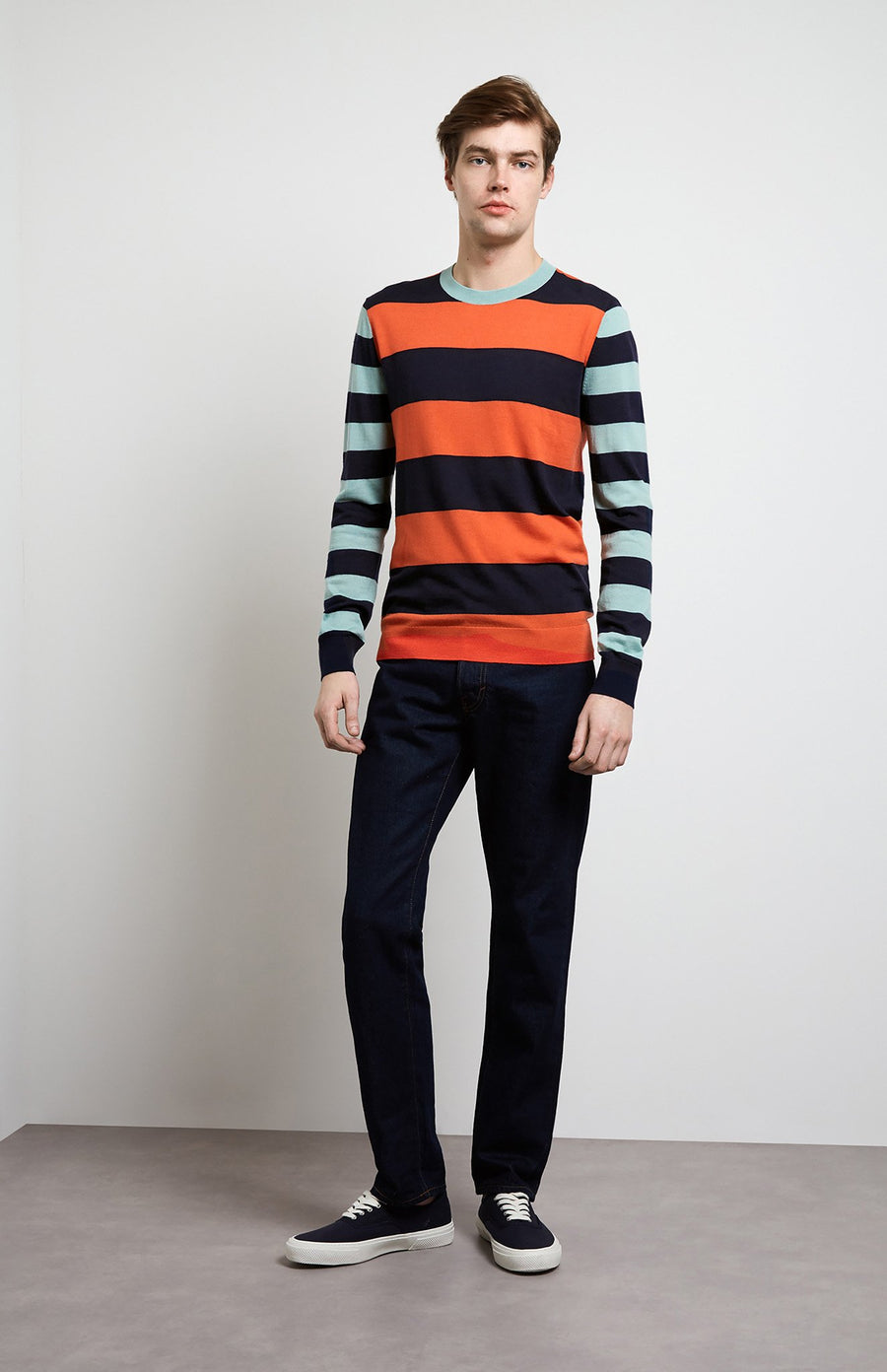 Rugby Stripe Merino Wool Jumper In Tangerine/Ink