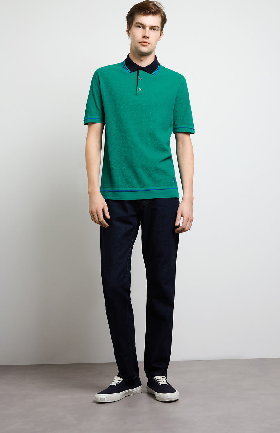 Contrast Tipped Cotton Polo Shirt In Grass/Cobalt
