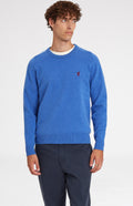Round Neck Lion Lambswool Jumper In Blue Oxide on model - Pringle of Scotland