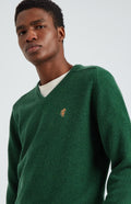Pringle of Scotland V Neck Lion Lambswool Jumper In Forest Green showing neck detail