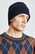 Ribbed Wool Cashmere Blend Beanie in Navy on model - Pringle of Scotland