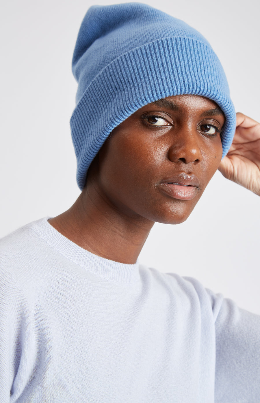 Ribbed Wool Cashmere Blend Beanie in Light Blue on model - Pringle of Scotland