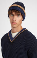 Beanie with Allover Chunky Cardigan Rib in Navy with matching jumper - Pringle of Scotland