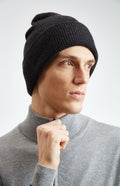 Double Layer Ribbed Merino Beanie in Charcoal on model - Pringle of Scotland