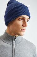 Double Layer Ribbed Merino Beanie in Blue on model - Pringle of Scotland