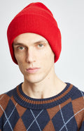 Double Layer Ribbed Merino Beanie in Red on model - Pringle of Scotland