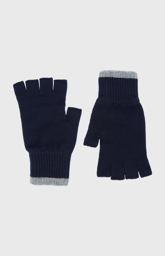 Cashmere Fingerless Gloves Contrast Ribs In Ink And Flannel Grey