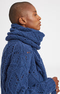 Allover Diamond Wool Scarf in Storm Blue Melange on model - Pringle of Scotland