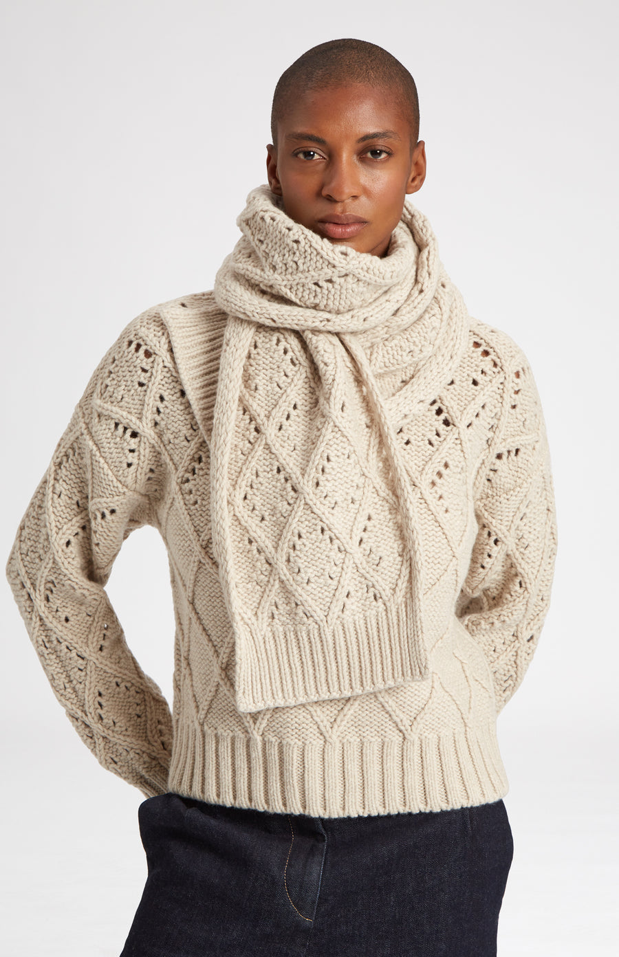 Allover Diamond Wool Scarf in Light Oatmeal on model with matching jumper - Pringle of Scotland