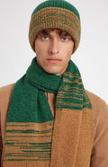 Men's Lambswool Beanie in Evergreen and Vicuna on male model - Pringle of Scotland