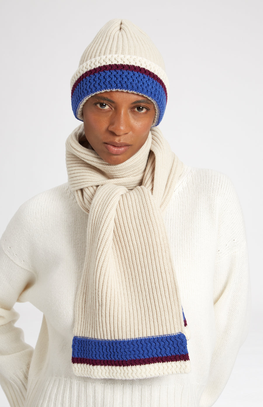 Beanie with Allover Chunky Cardigan Rib in Almond with matching scarf - Pringle of Scotland