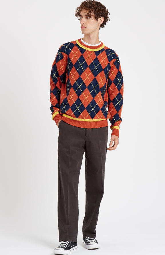 Men's Argyle Merino Jumper In Flame And Ink