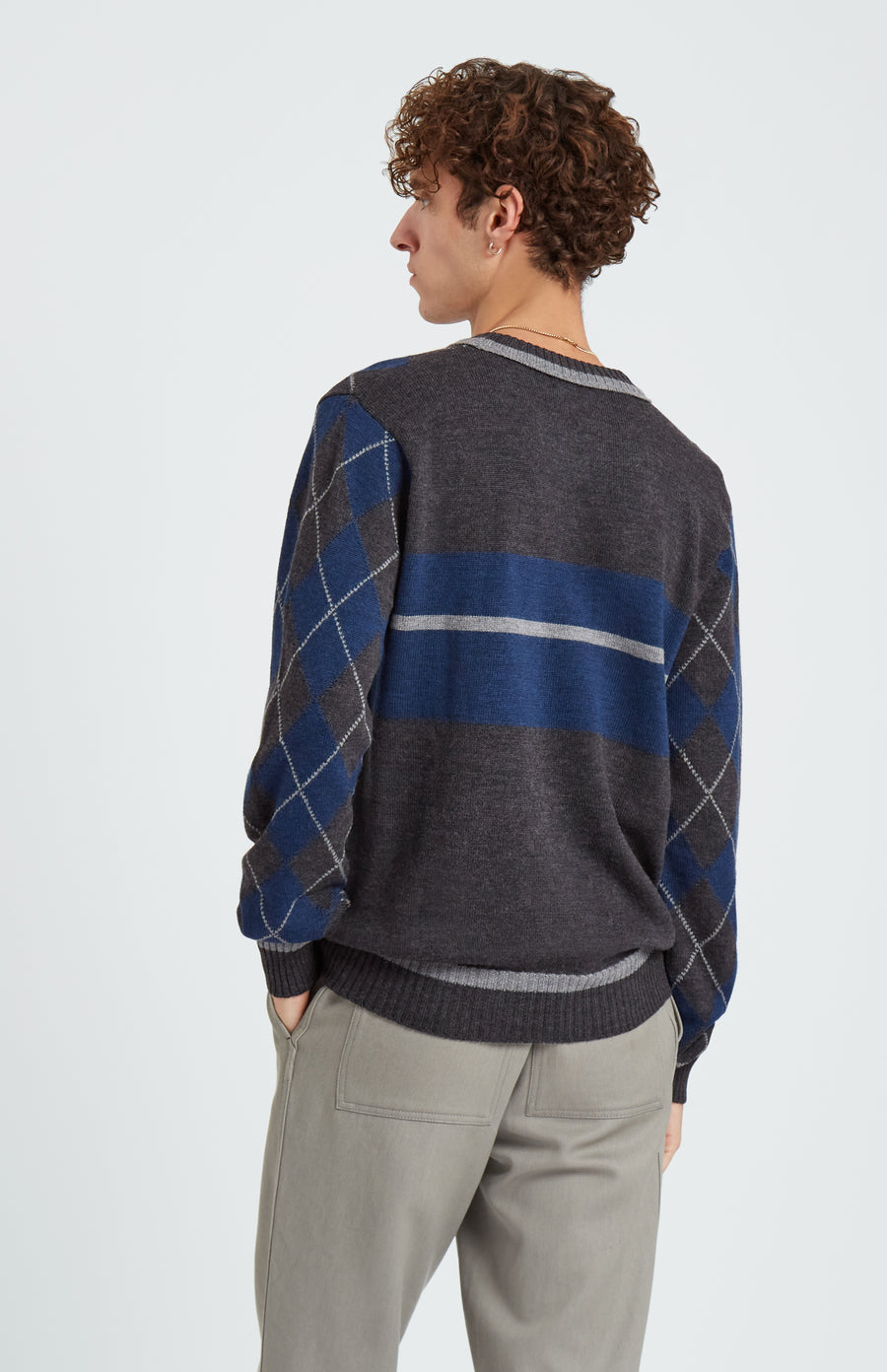 Pringle of Scotland Men's Argyle Merino Jumper In Charcoal And Flannel rear view