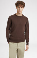 Men's 4 ply Round Neck cashmere jumper in Chocolate on model - Pringle of Scotland