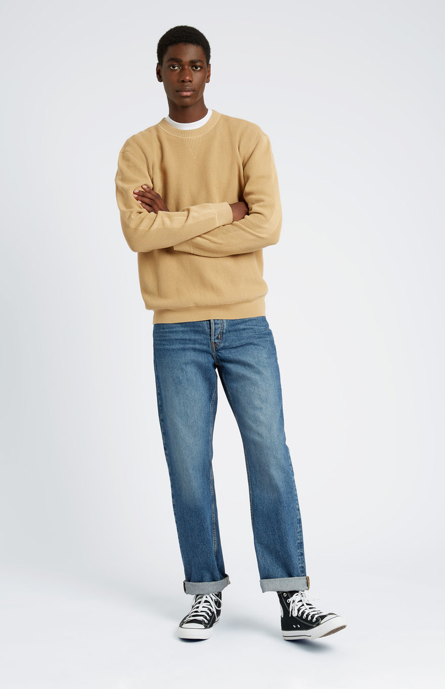 Pringle of Scotland Men's Cotton Sweatshirt Jumper in Sandstorm on model full length