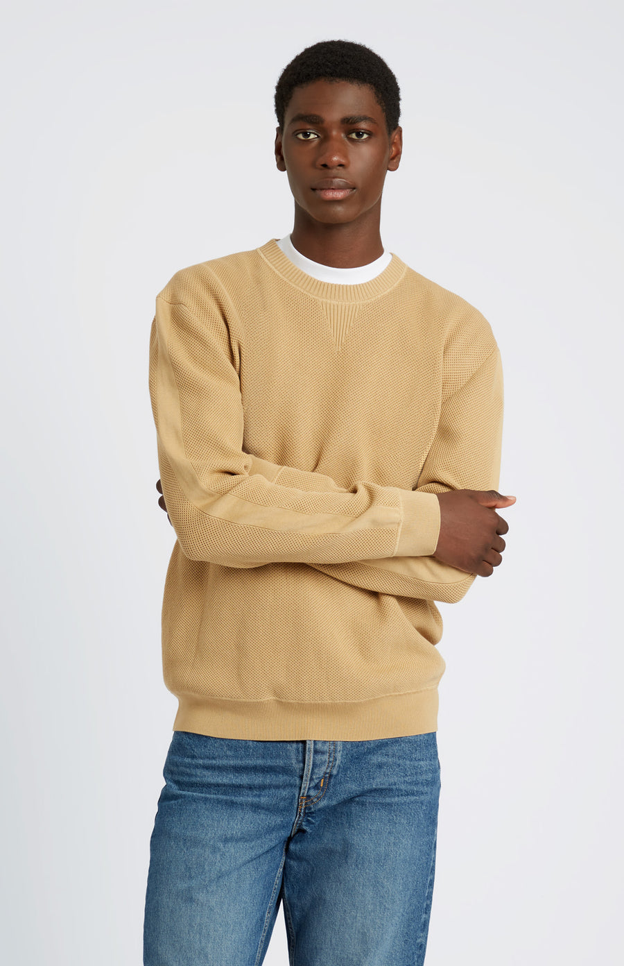 Pringle of Scotland Men's Cotton Sweatshirt Jumper in Sandstorm on model 
