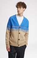 Lambswool V Neck Cardigan in Cobalt and Camel on model - Pringle of Scotland 