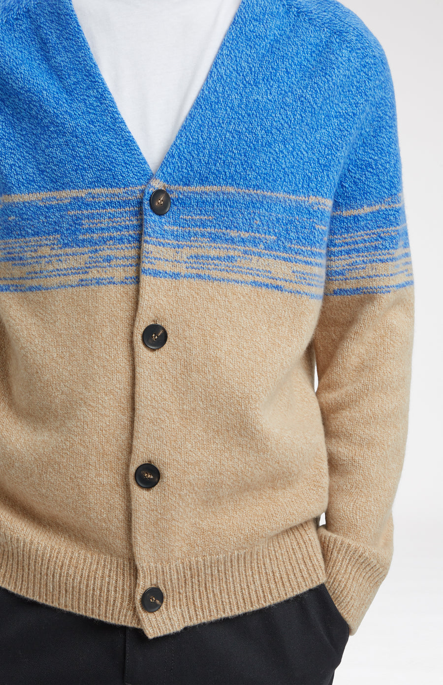 Lambswool V Neck Cardigan in Cobalt and Camel button detail - Pringle of Scotland 