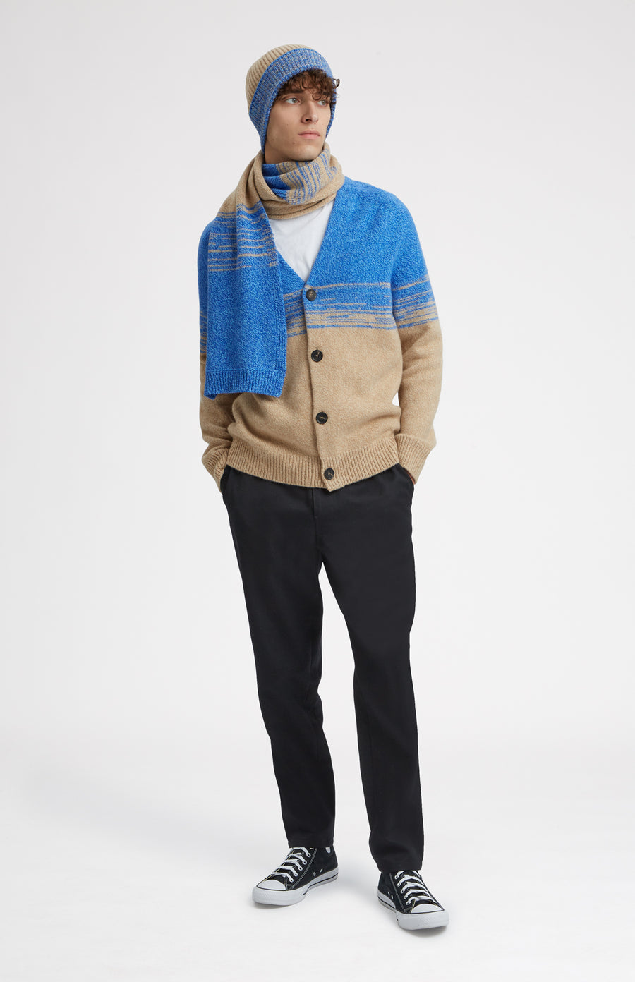 Lambswool V Neck Cardigan in Cobalt and Camel on model with match hat & scarf - Pringle of Scotland 