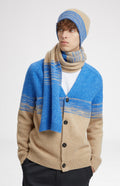 Lambswool V Neck Cardigan in Cobalt and Camel with matching hat & scarf - Pringle of Scotland 