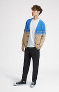Lambswool V Neck Cardigan in Cobalt and Camel unbuttoned - Pringle of Scotland 