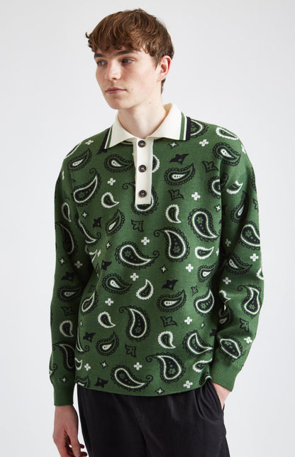 Shirt Neck Jumper Paisley Birdseye Jacquard in Emerald - Pringle of Scotland