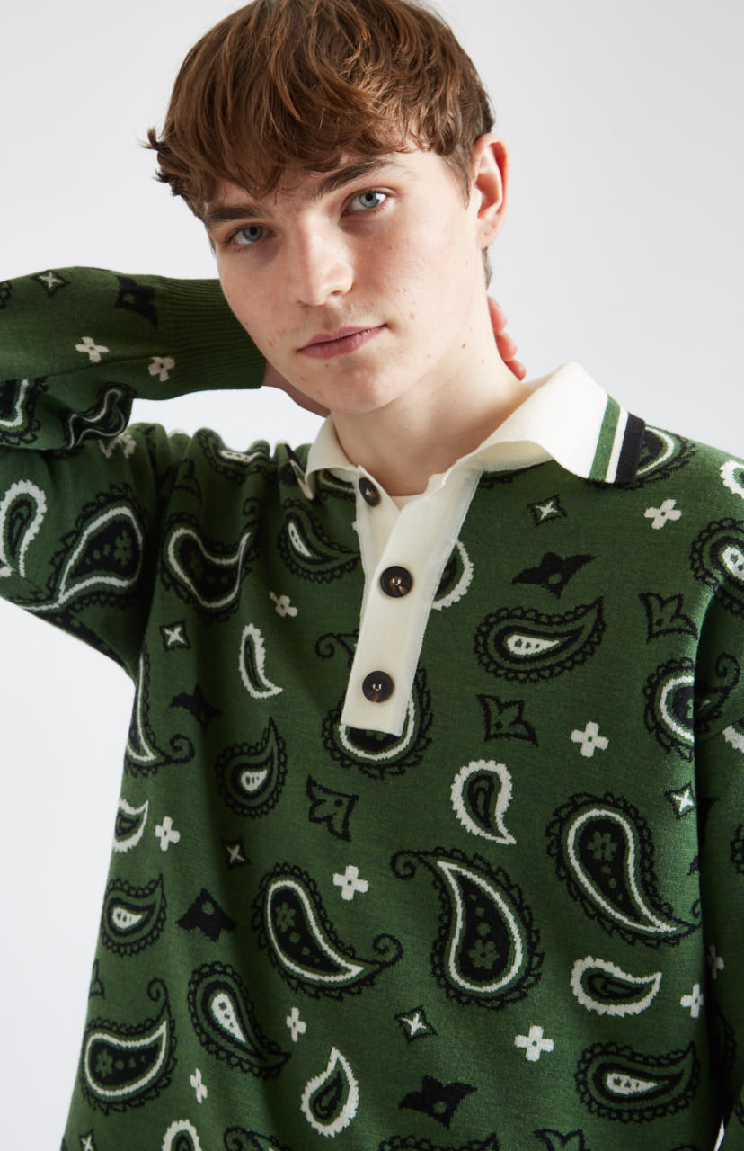 Shirt Neck Jumper Paisley Birdseye Jacquard in Emerald neck detail - Pringle of Scotland