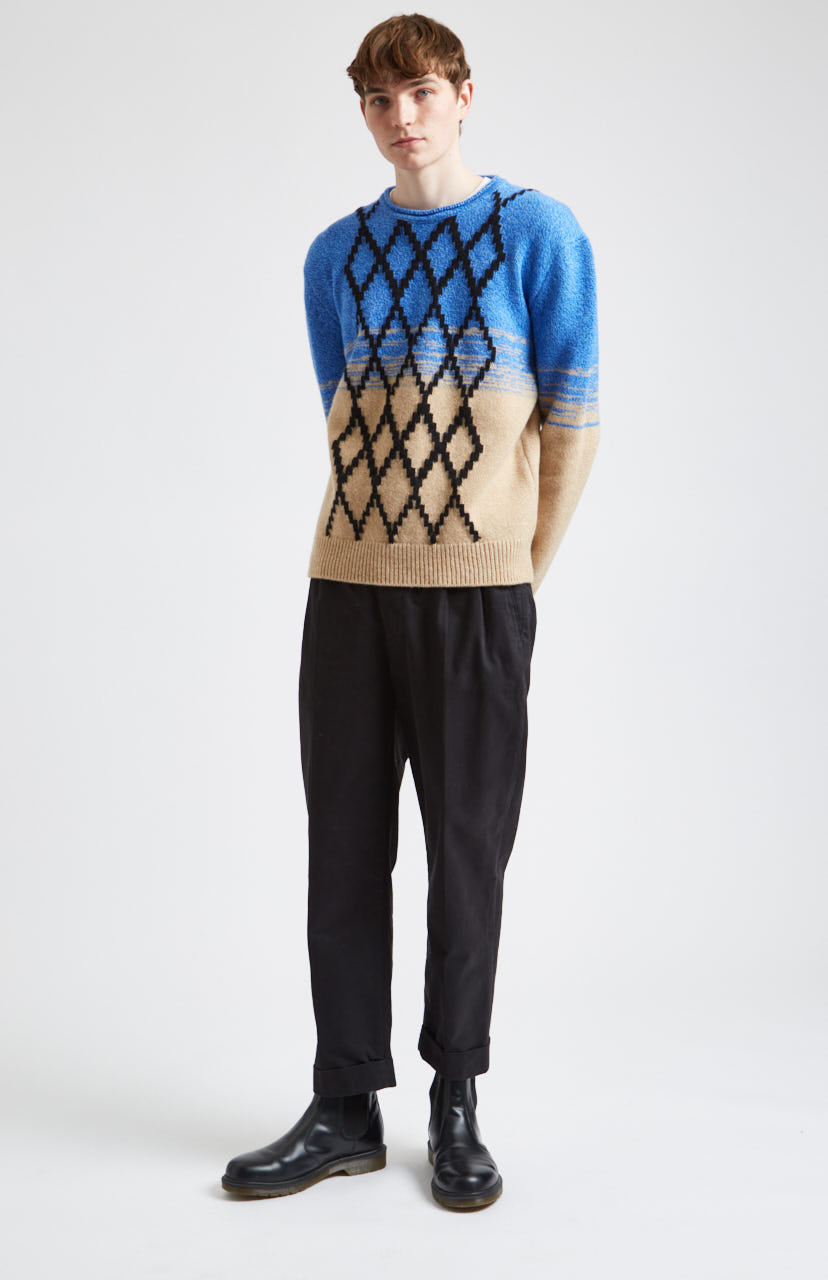 Round Neck Lambswool Jumper in Cobalt and Camel on model full length - Pringle of Scotland