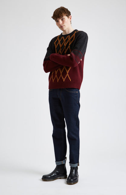 Lambswool Jumper with argyle in Black & Dark Claret on model full length - Pringle of Scotland