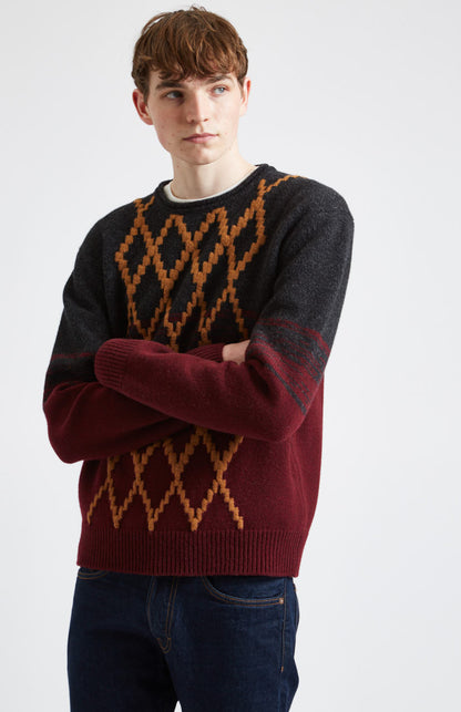 Lambswool Jumper with argyle in Black & Dark Claret argyle detail - Pringle of Scotland