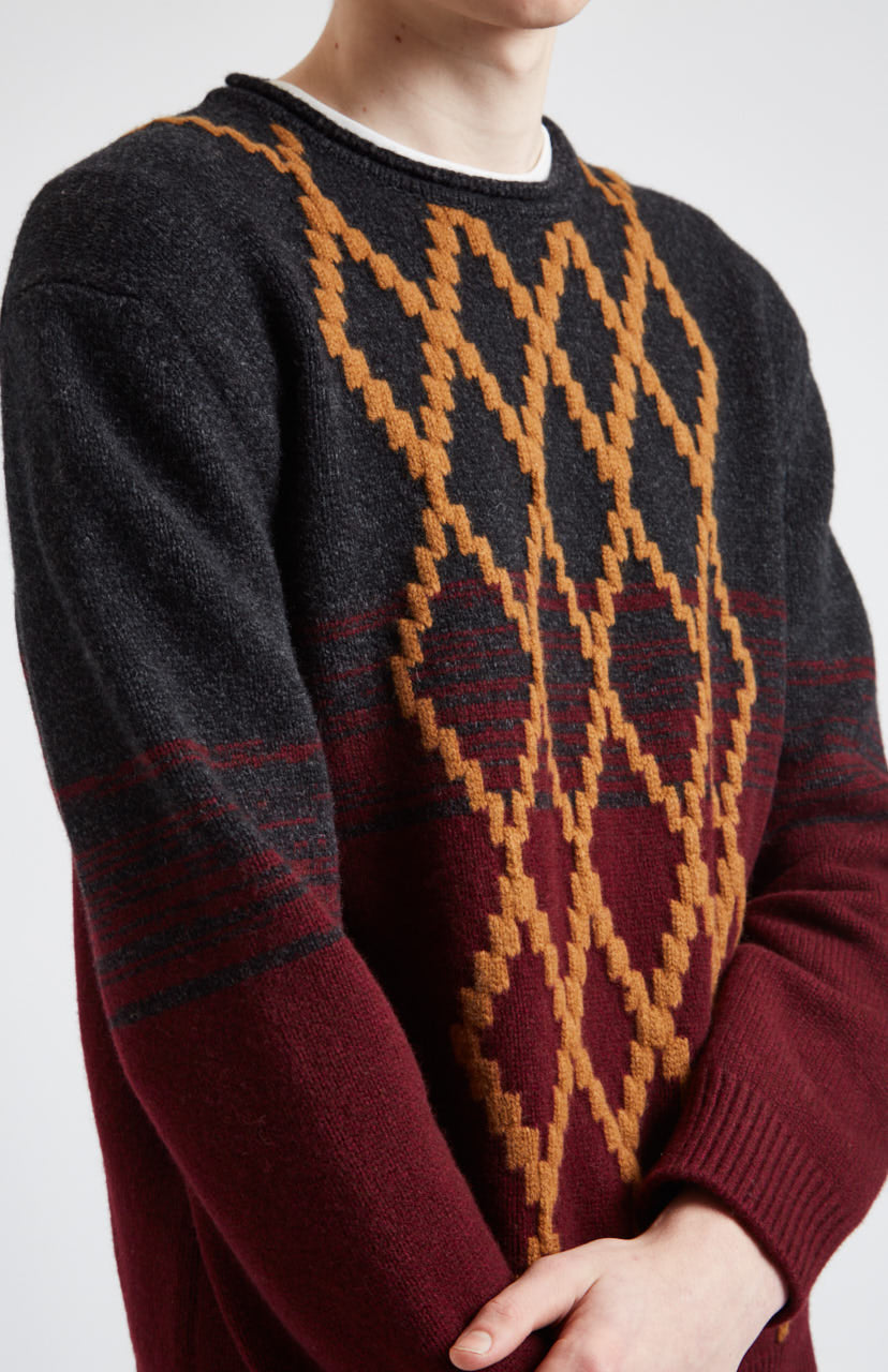 Lambswool Jumper with argyle in Black & Dark Claret intarsia detail - Pringle of Scotland