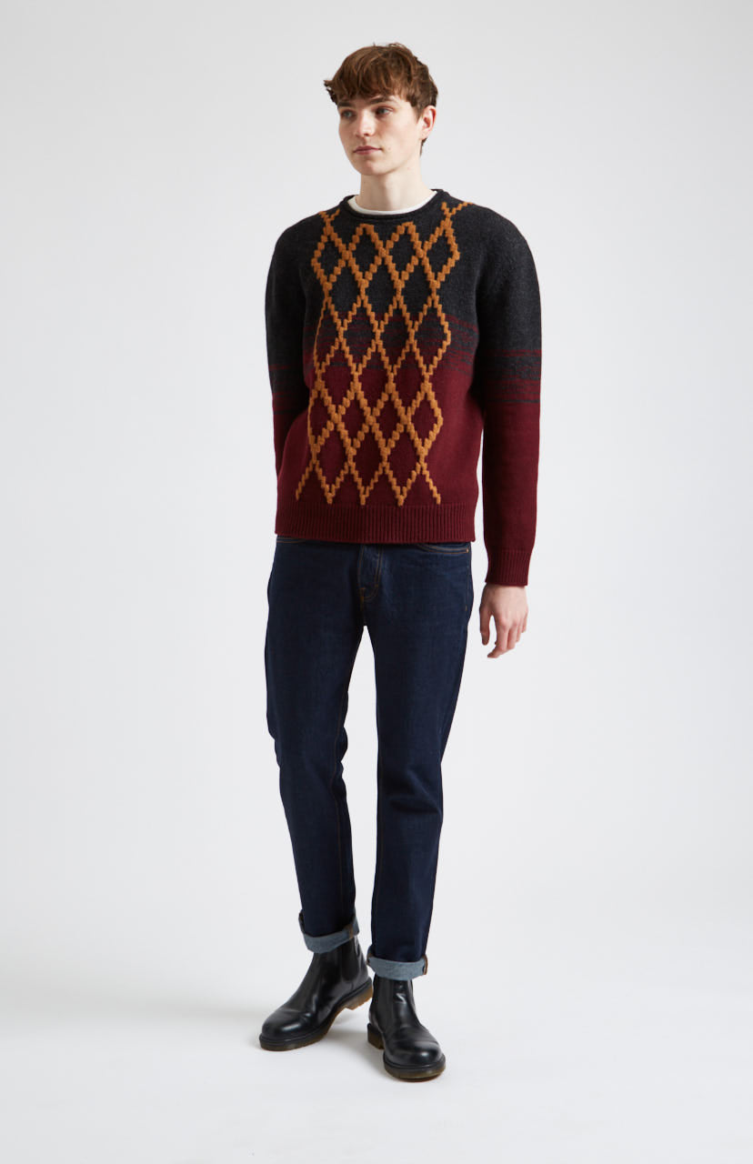 Lambswool Jumper with argyle in Black & Dark Claret on model - Pringle of Scotland