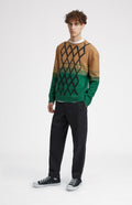 Lambswool Jumper with argyle in Vicuna & Evergreen on model full length - Pringle of Scotland