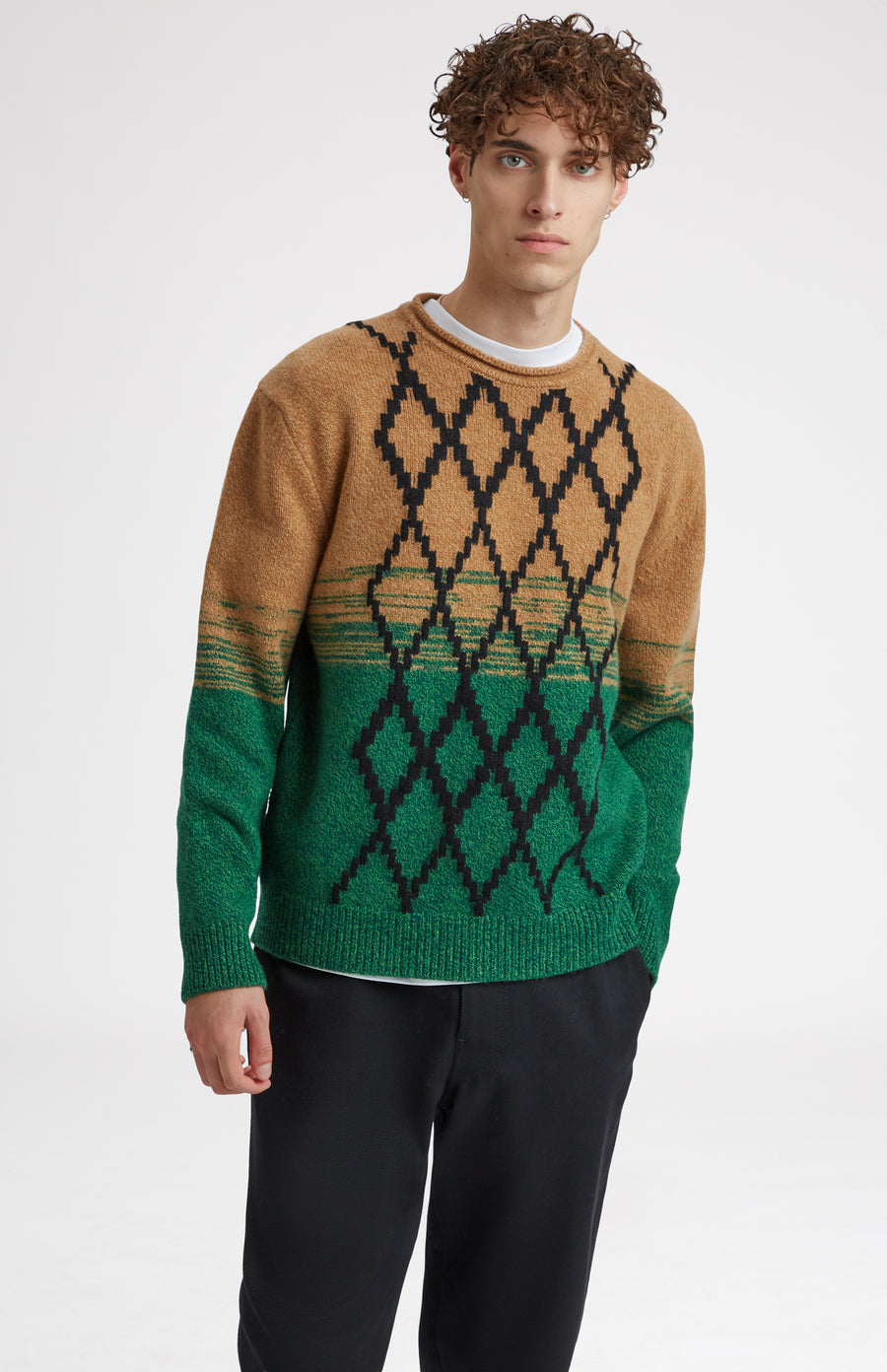 Lambswool Jumper with argyle in Vicuna & Evergreen - Pringle of Scotland