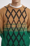 Lambswool Jumper with argyle in Vicuna & Evergreen argyle detail - Pringle of Scotland