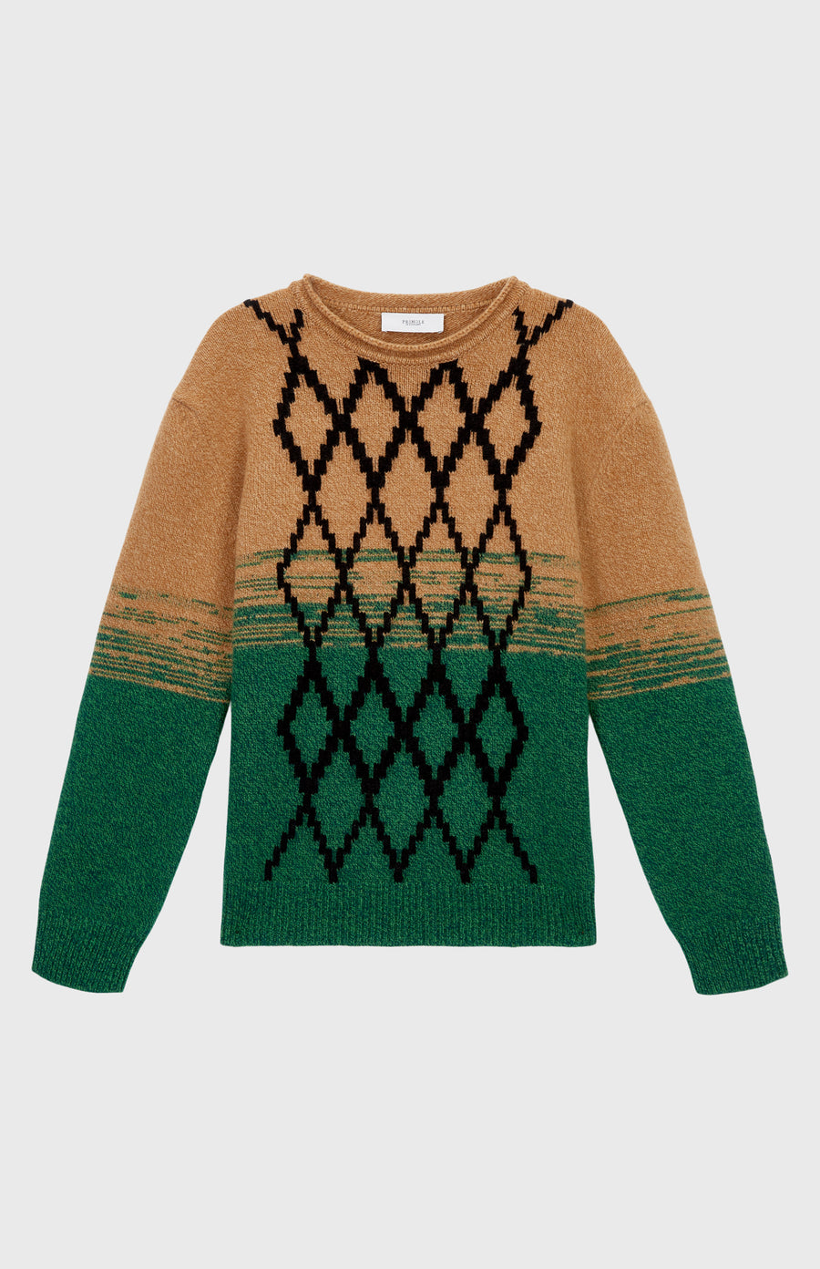 Lambswool Jumper with argyle in Vicuna & Evergreen flat shot - Pringle of Scotland