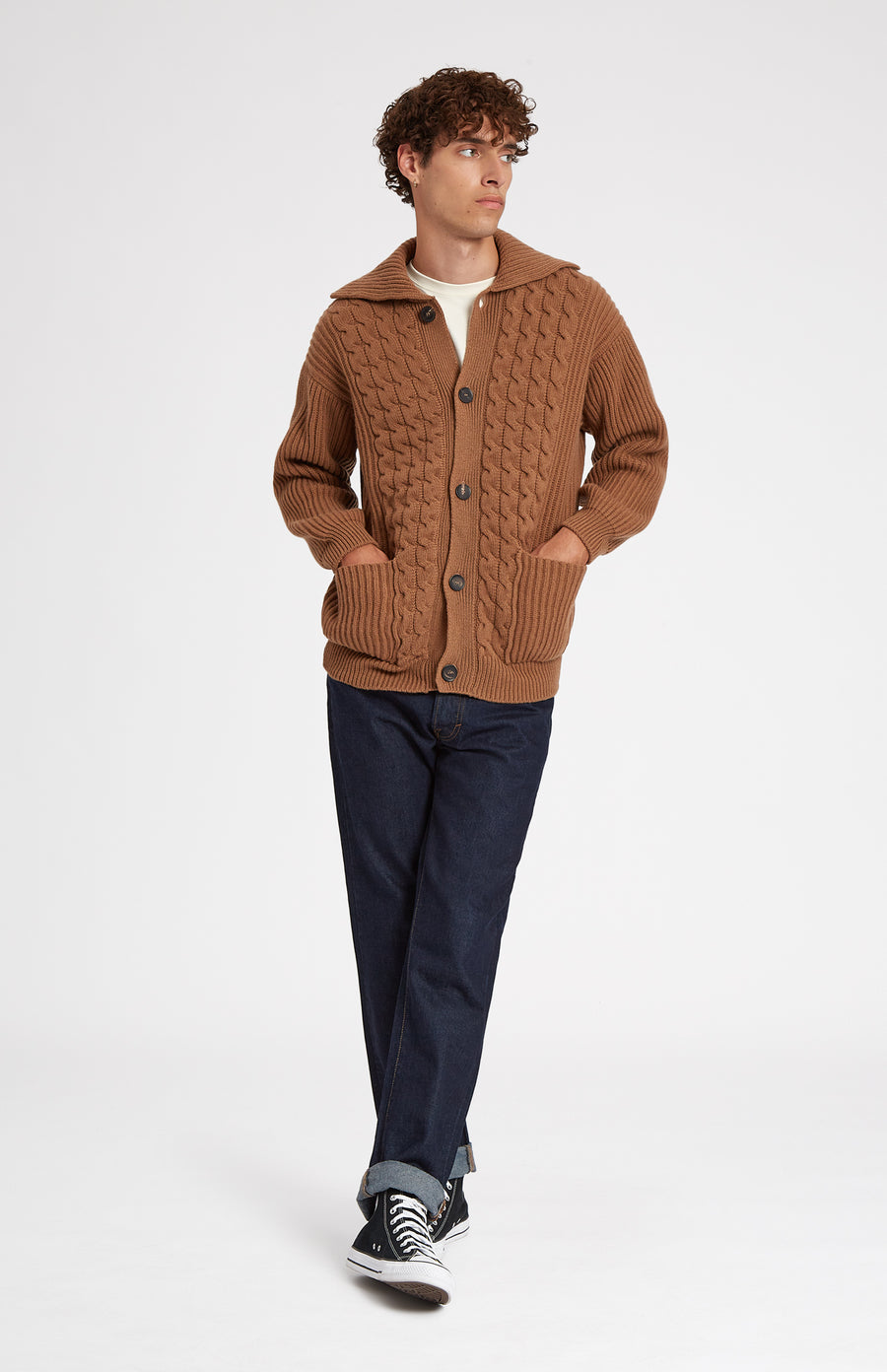 Superfine Wool Collar Cardigan with allover rib in Vicuna on model - Pringle of Scotland