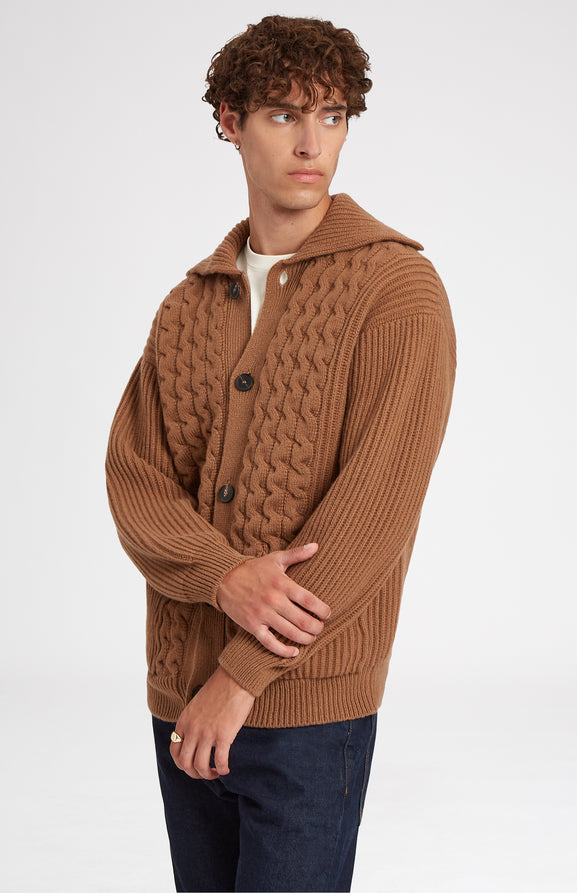Superfine Wool Collar Cardigan With Allover Rib In Vicuna