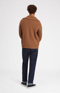 Superfine Wool Collar Cardigan with allover rib in Vicuna rear view - Pringle of Scotland
