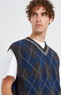 Pringle of Scotland Men's Argyle Merino Vest In Charcoal And Flannel showing neck detail
