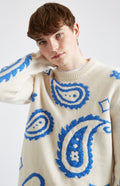 Paisley Lambswool Jumper in Chalk & Cobalt showing paisley detail - Pringle of Scotland
