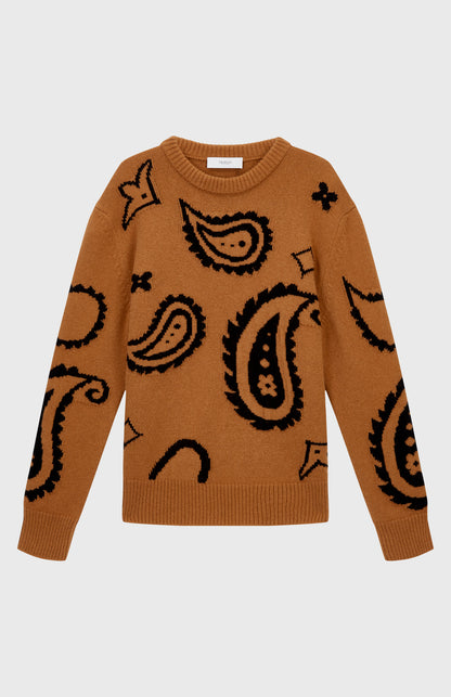 Paisley Lambswool Jumper in Vicuna & Black flat shot - Pringle of Scotland