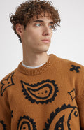 Paisley Lambswool Jumper in Vicuna & Black showing paisley detail - Pringle of Scotland