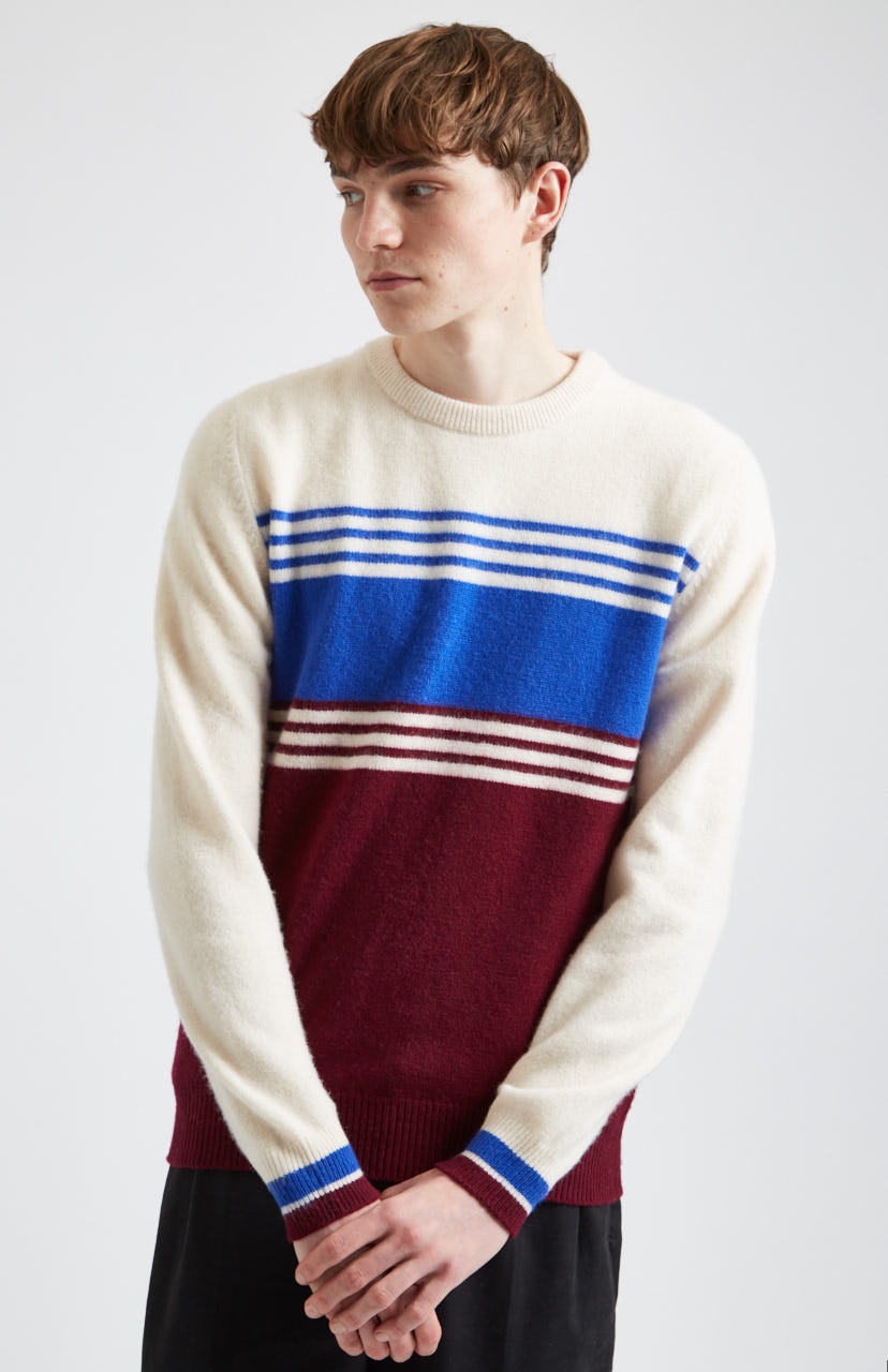 Round Neck Brushed Lambswool Jumper in Almond Stripe - Pringle of Scotland