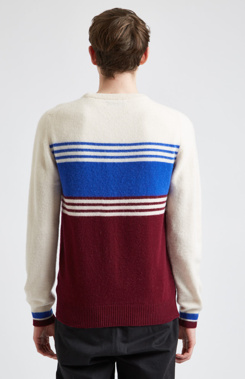 Round Neck Brushed Lambswool Jumper in Almond Stripe rear view - Pringle of Scotland